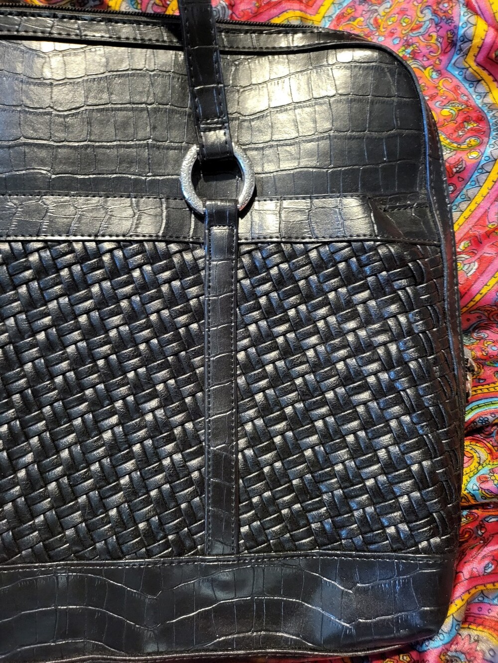 Coldwater Creek Hampton Computer Laptop Bag Black Faux Leather Woven Reptile - Picture 3 of 4